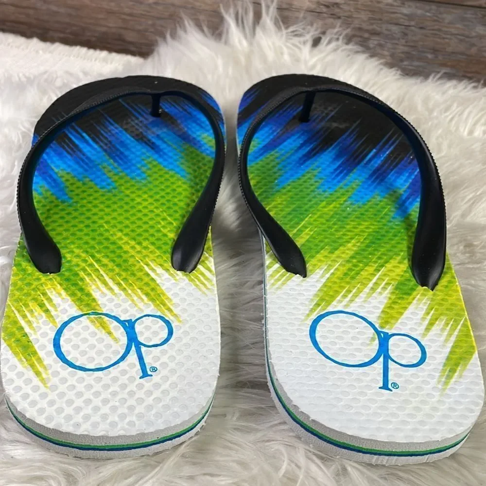 OP Thong Flip Flops Sandals, Mens Size 9/10, Black,Blue, Green White